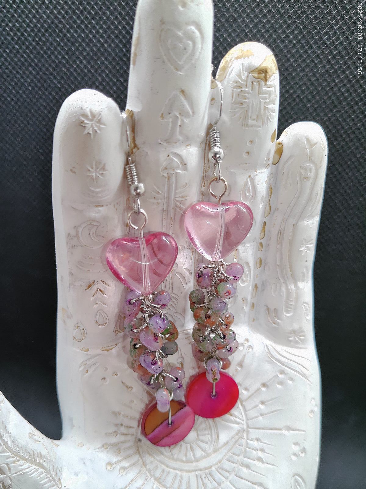 Beaded Heart and Shell Dangle Earrings