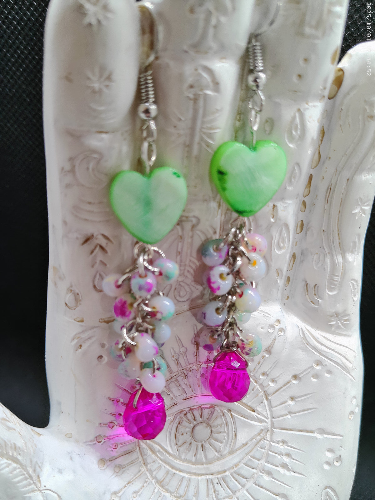 Green Shell Heart Dangle Earrings