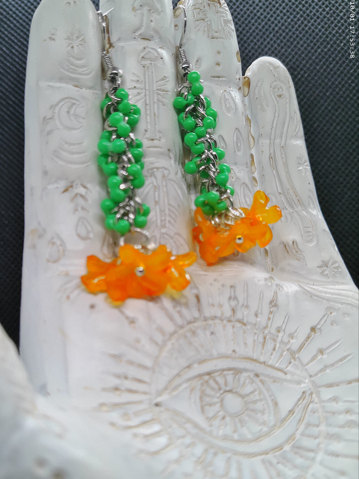 Green and Orange Beaded Dangle Earrings