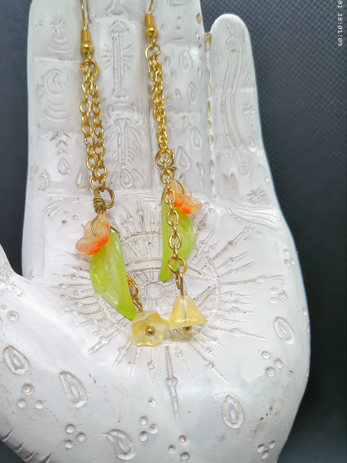 Gold Chain Dangle Flower and Leaf Earrings