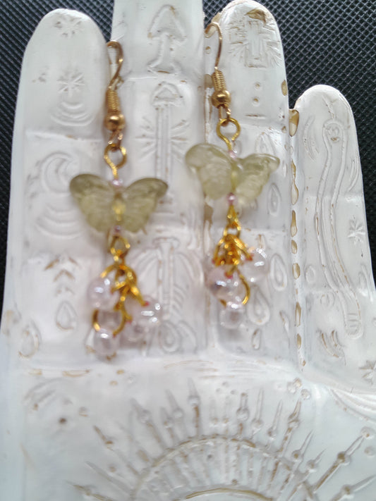 Dainty Light Green and Pink Butterfly Dangle Earrings