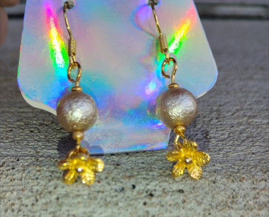Pearl Bead and Gold Flower Earrings