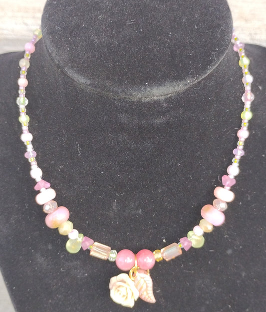 Rose and Leaf Necklace with Pink/Green beads