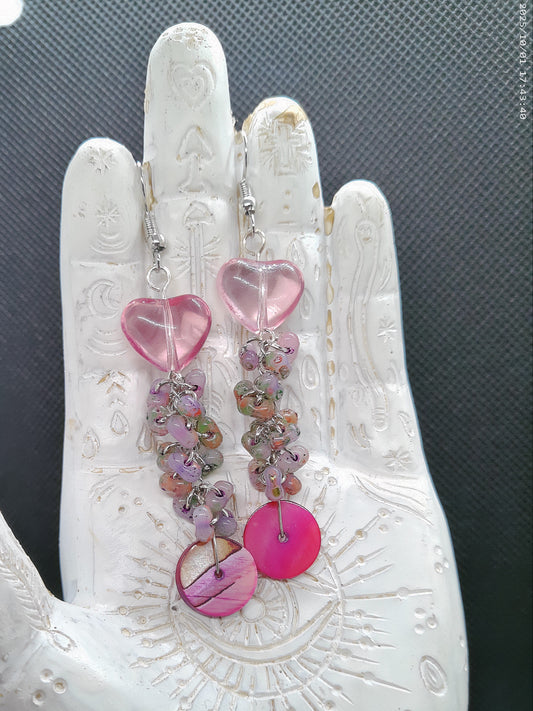 Beaded Heart and Shell Dangle Earrings