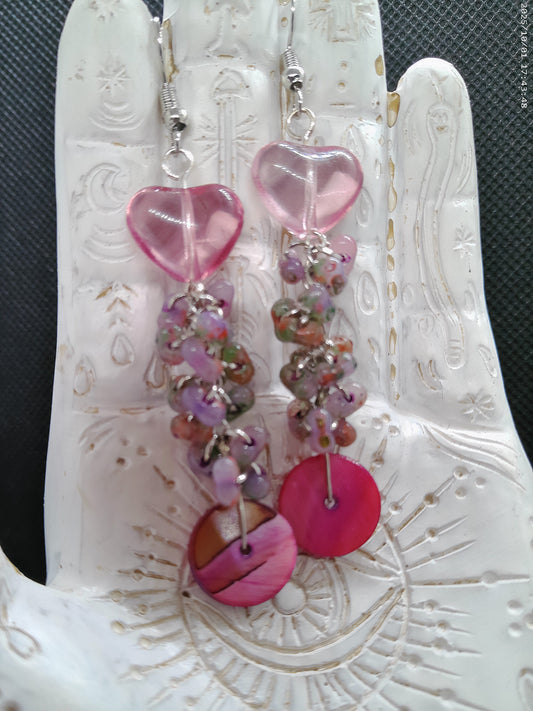Beaded Heart and Shell Dangle Earrings