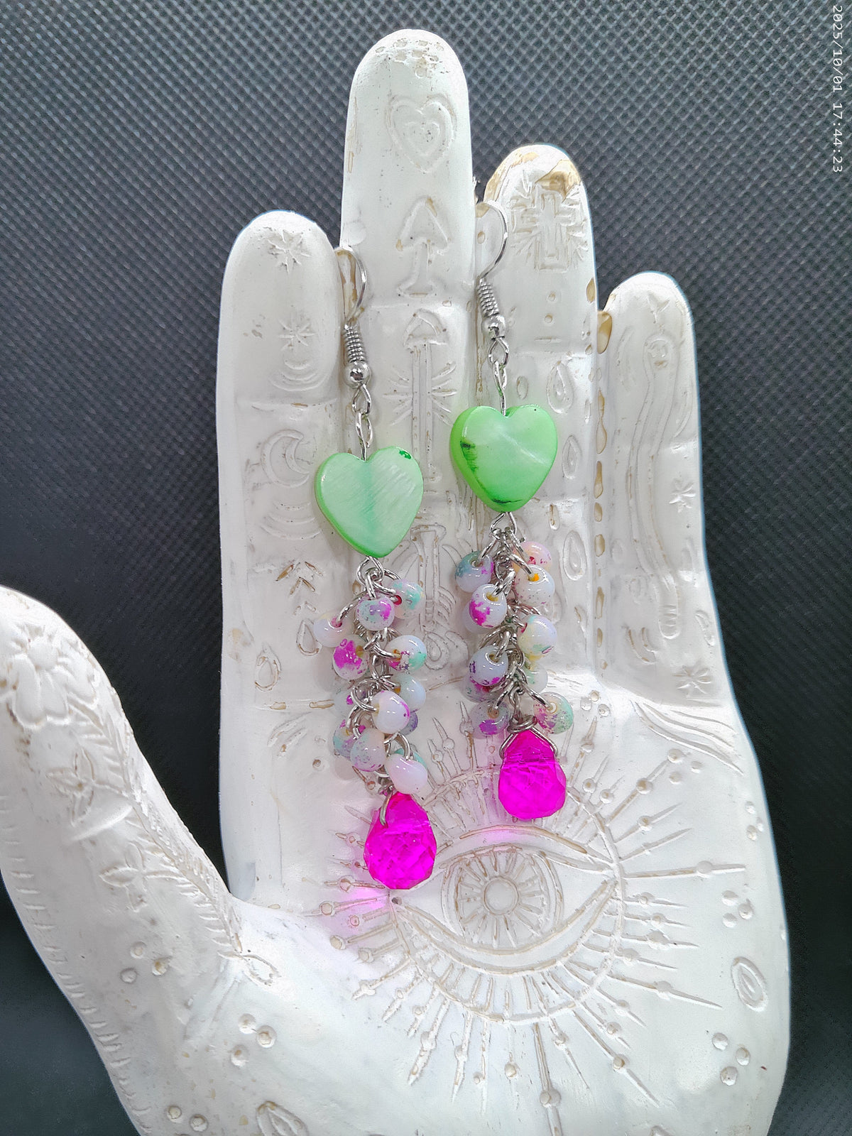 Green Shell Heart Dangle Earrings