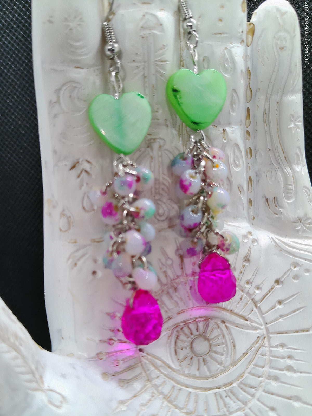 Green Shell Heart Dangle Earrings