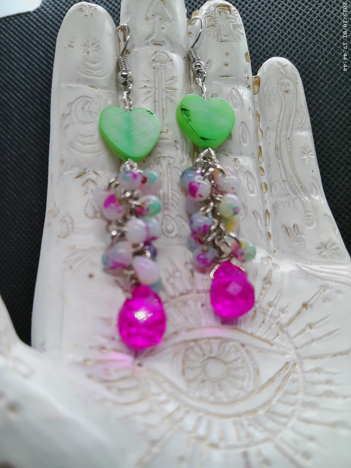 Green Shell Heart Dangle Earrings