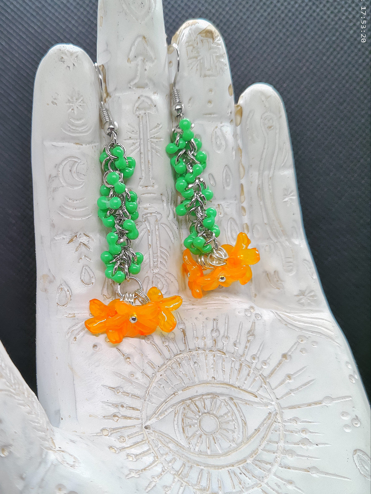Green and Orange Beaded Dangle Earrings