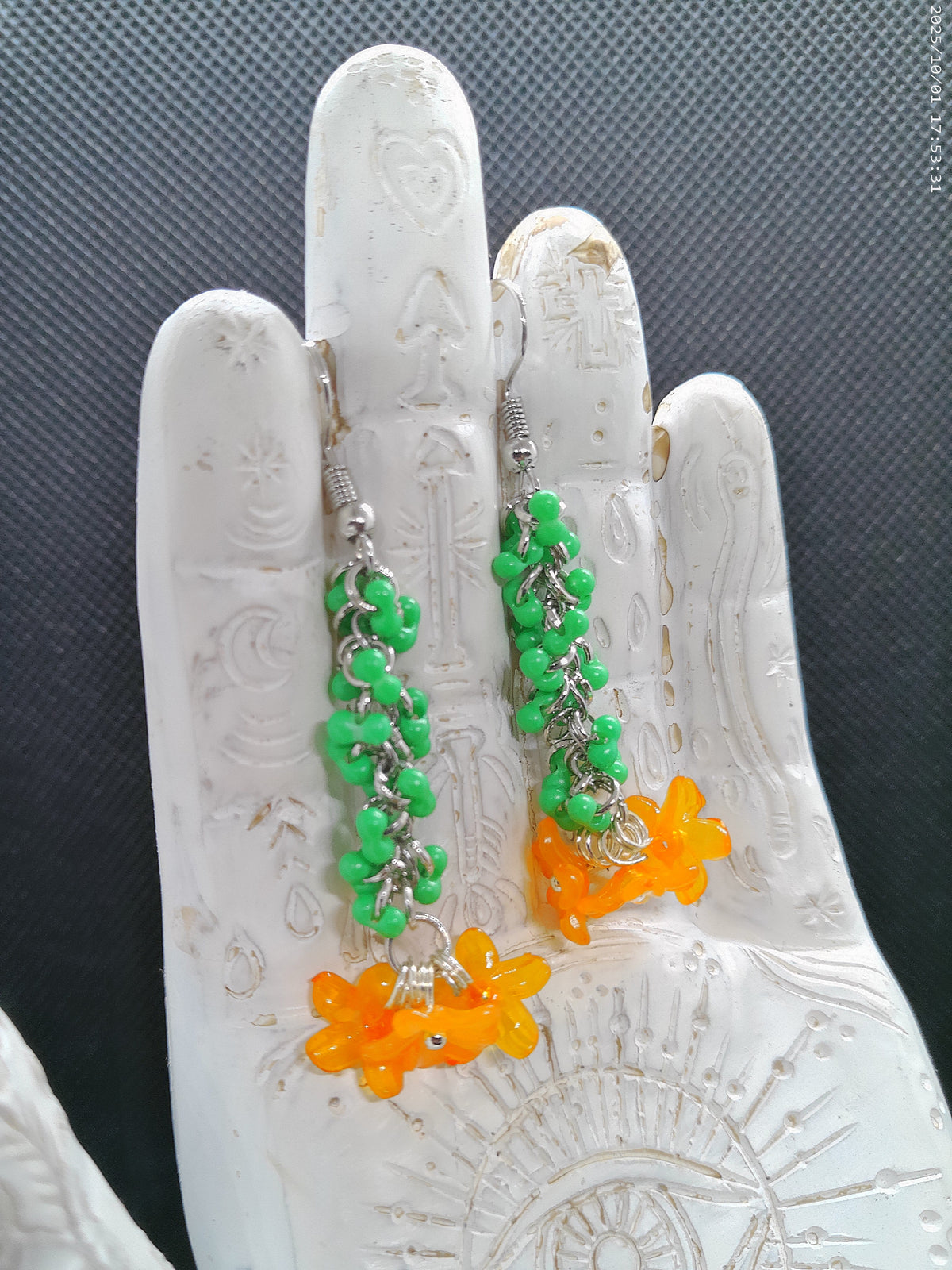 Green and Orange Beaded Dangle Earrings