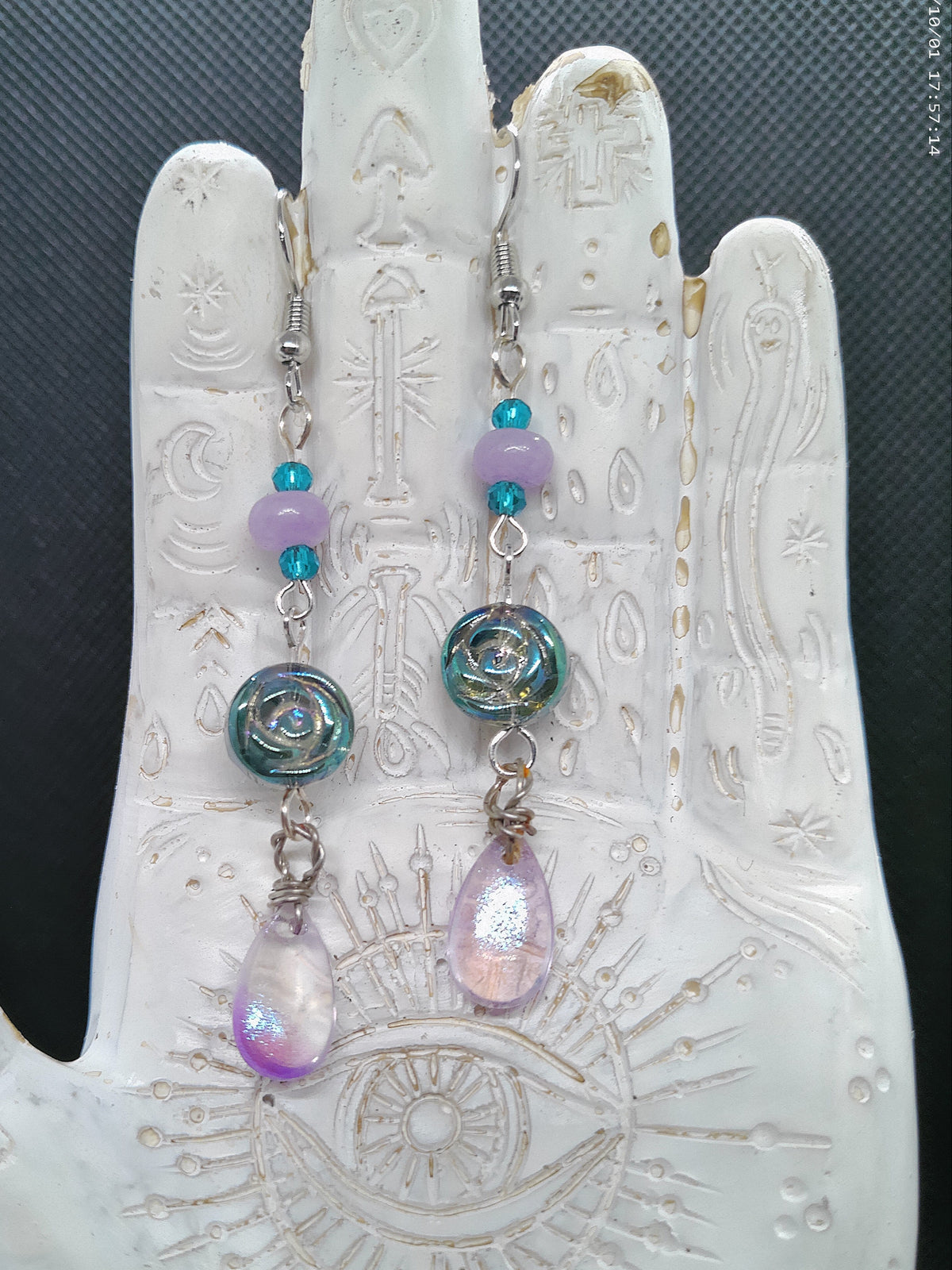 Handmade blue/purple Rose Beaded Dangle Earrings