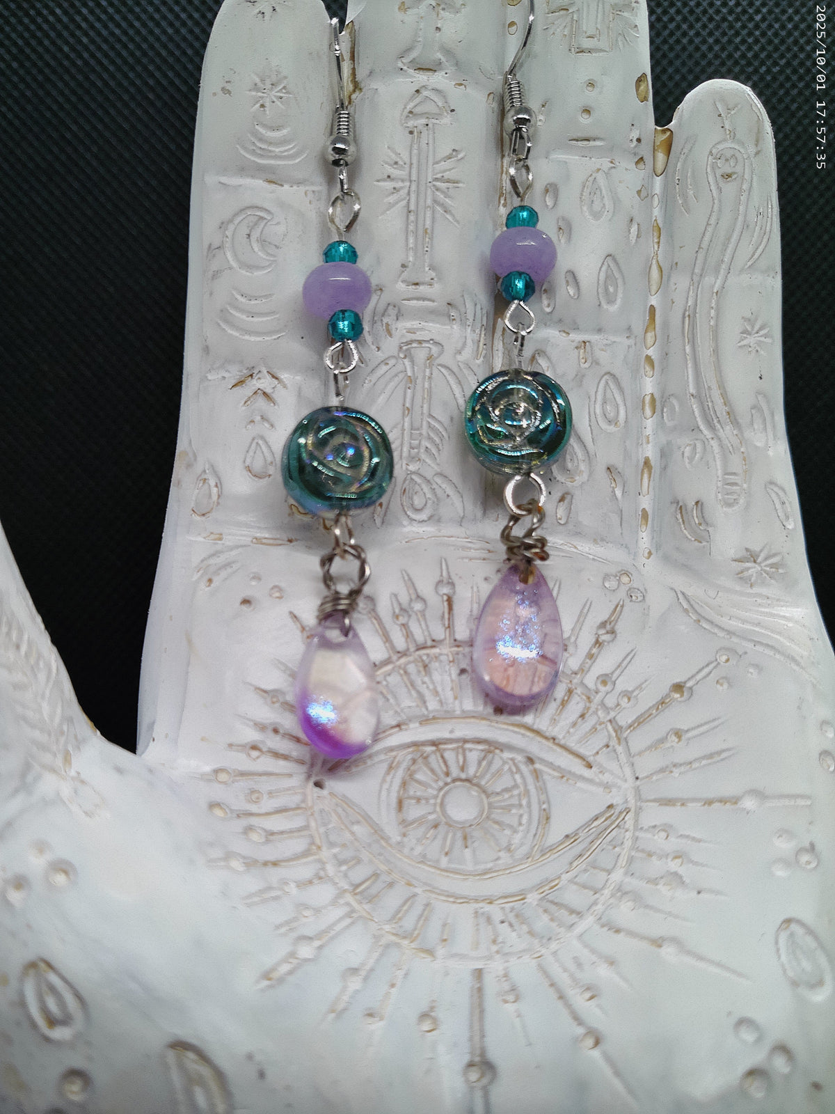 Handmade blue/purple Rose Beaded Dangle Earrings