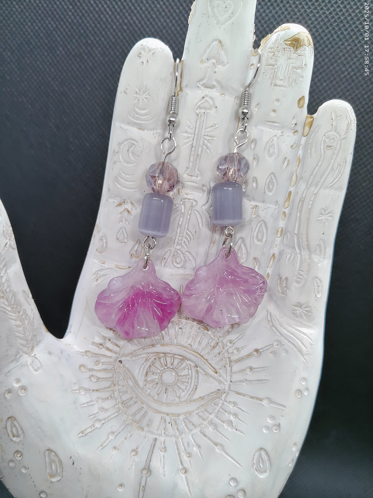 Purple flower petal dangle earrings