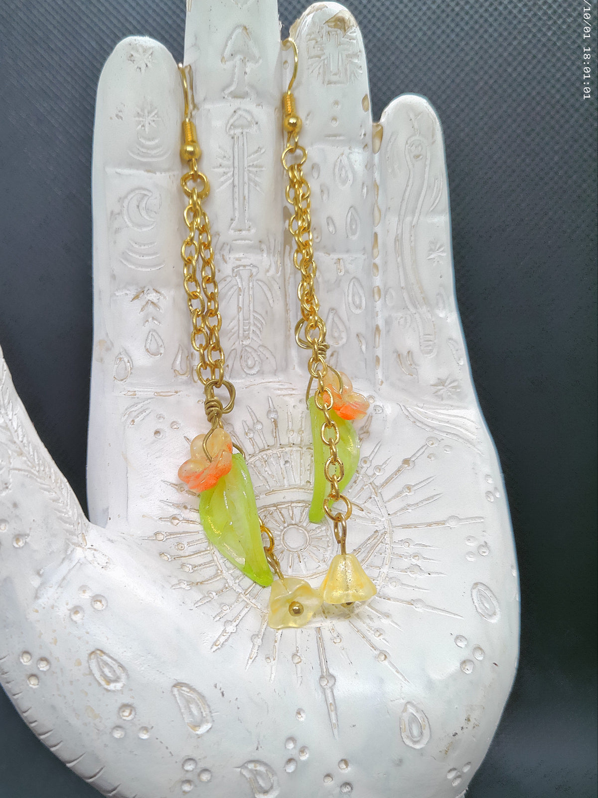 Gold Chain Dangle Flower and Leaf Earrings
