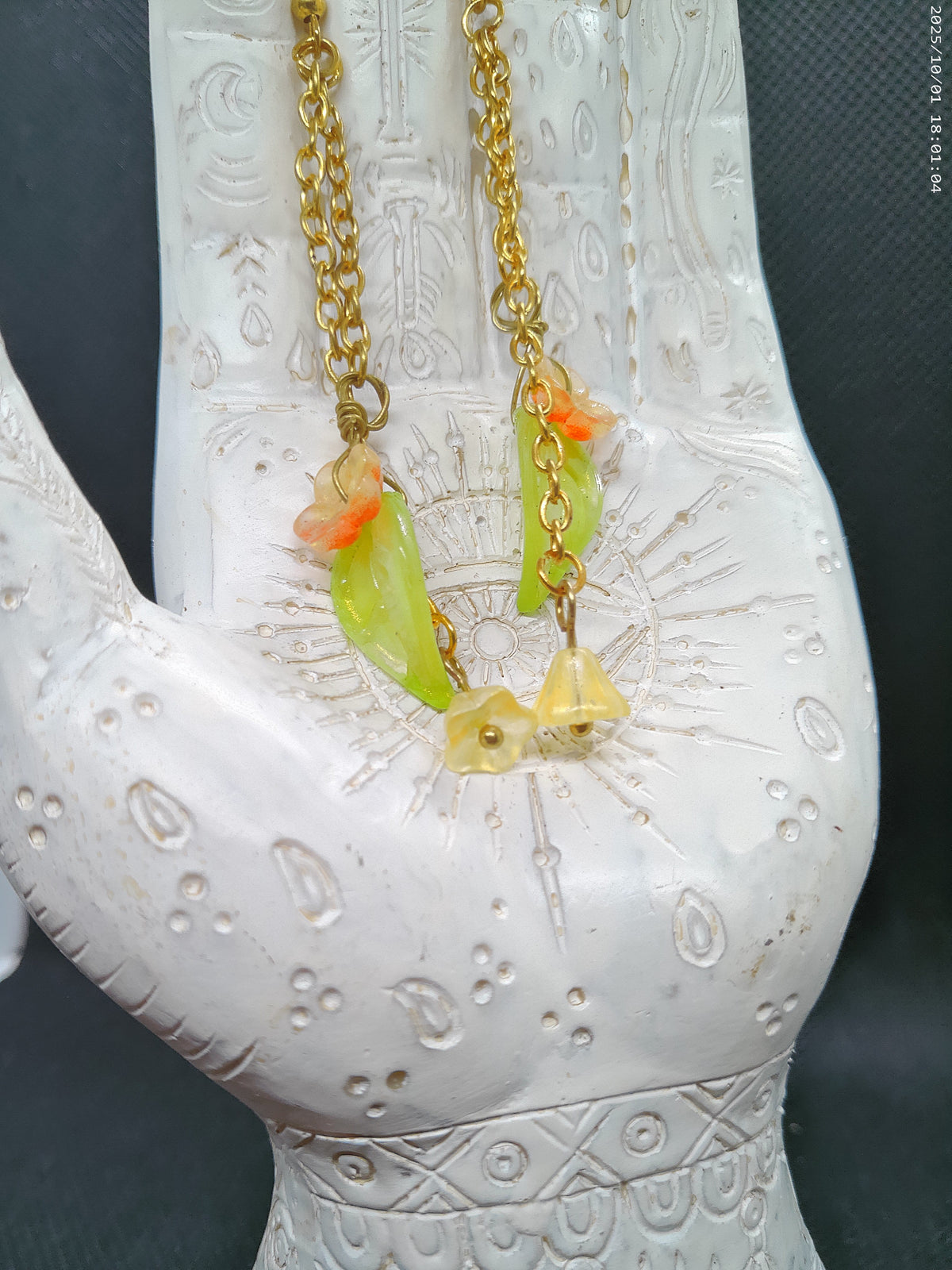 Gold Chain Dangle Flower and Leaf Earrings