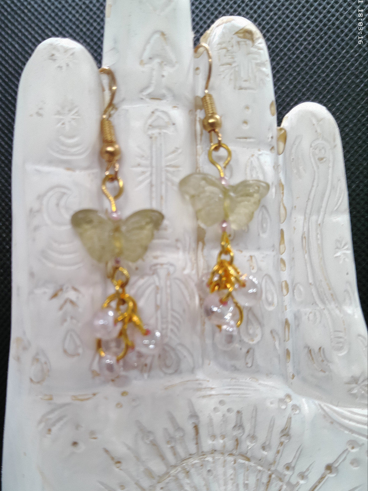 Dainty Light Green and Pink Butterfly Dangle Earrings