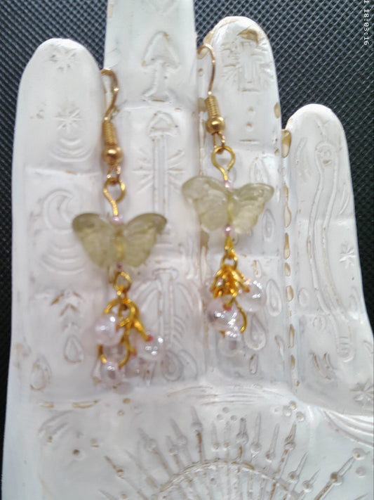 Dainty Light Green and Pink Butterfly Dangle Earrings
