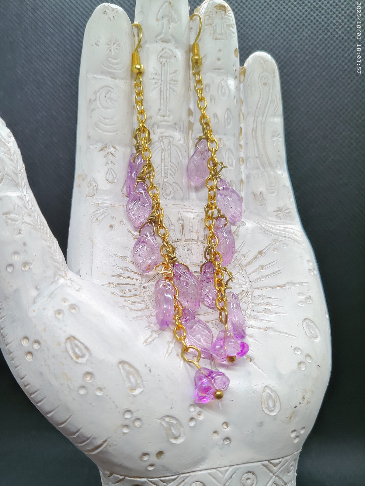 Gold Chain and Purple Leaf and Flower Dangle Earrings