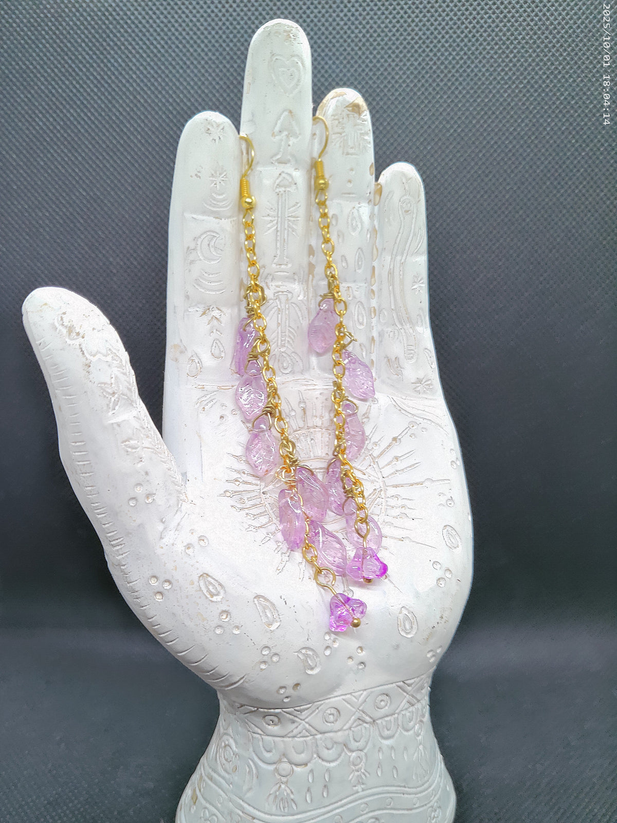Gold Chain and Purple Leaf and Flower Dangle Earrings