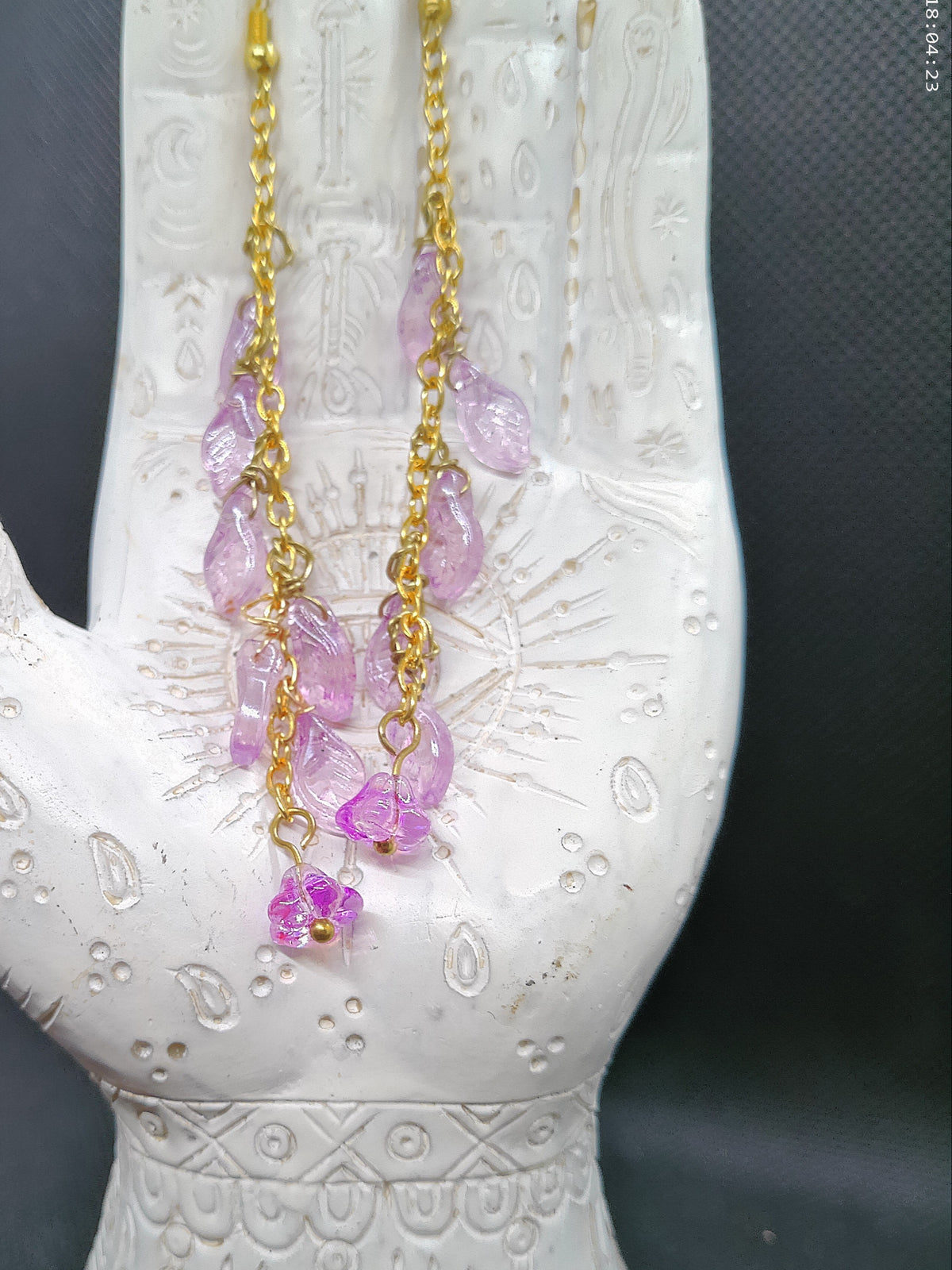 Gold Chain and Purple Leaf and Flower Dangle Earrings