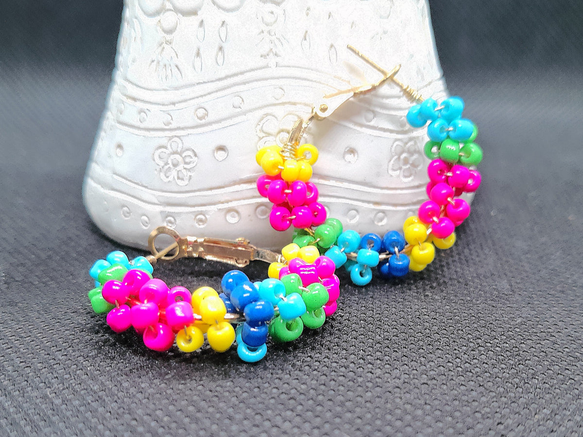 Beaded Rainbow Hoop Earrings