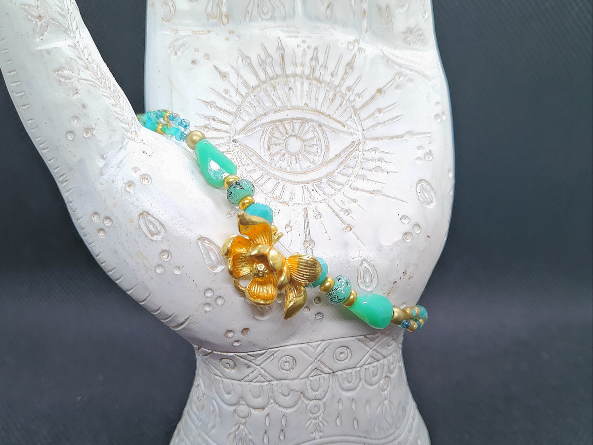 Gold and Teal Flower Bracelet