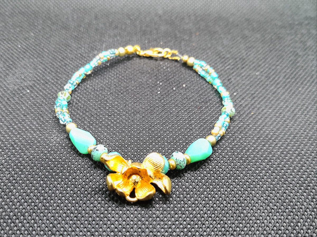Gold and Teal Flower Bracelet