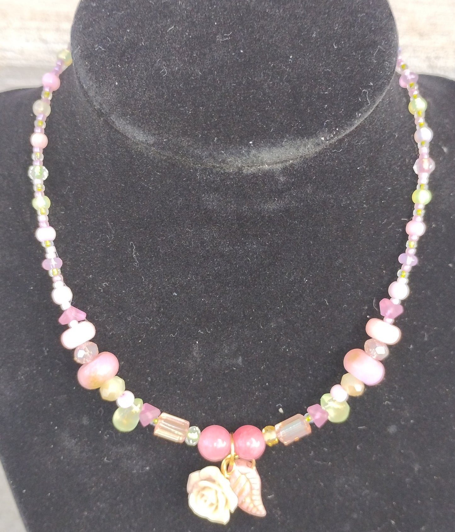 Rose and Leaf Necklace with Pink/Green beads