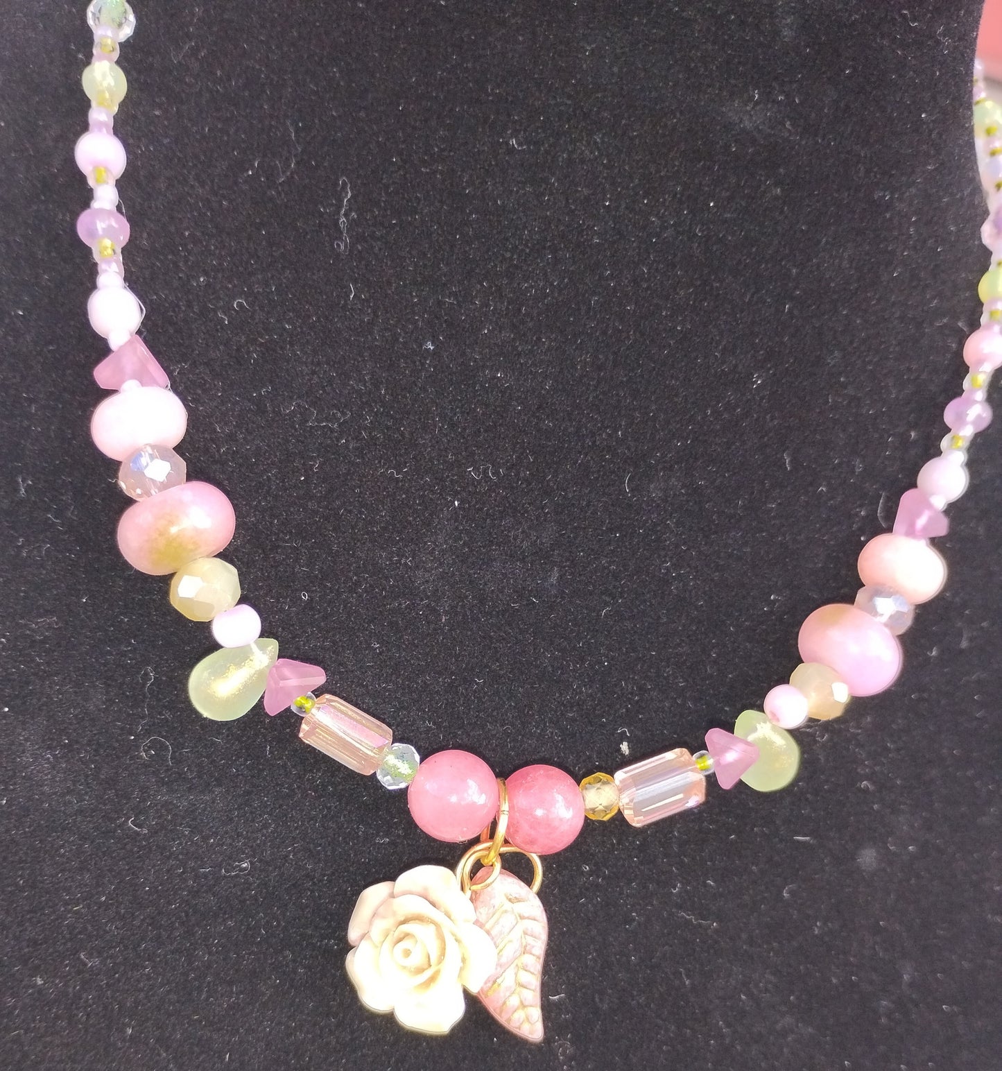 Rose and Leaf Necklace with Pink/Green beads