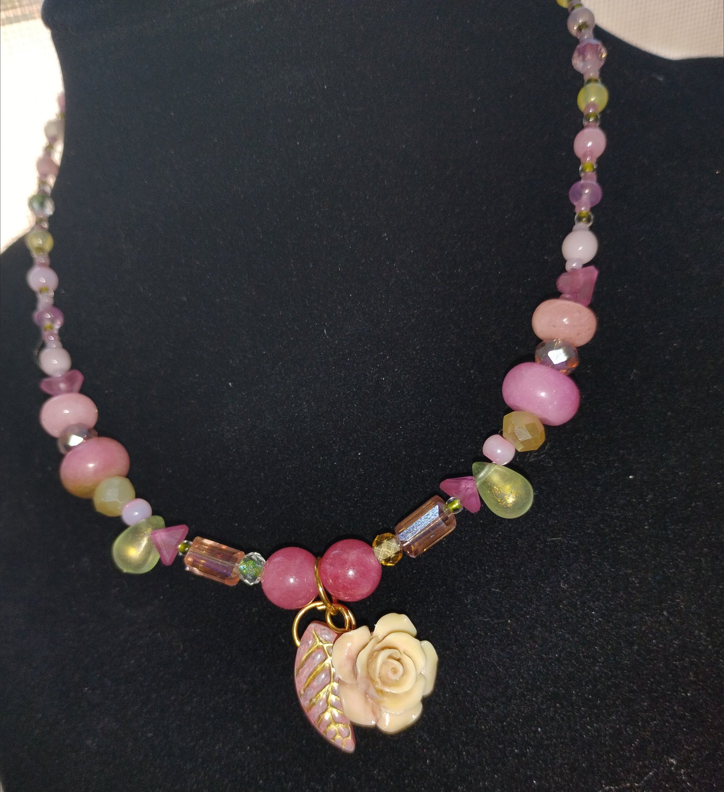 Rose and Leaf Necklace with Pink/Green beads