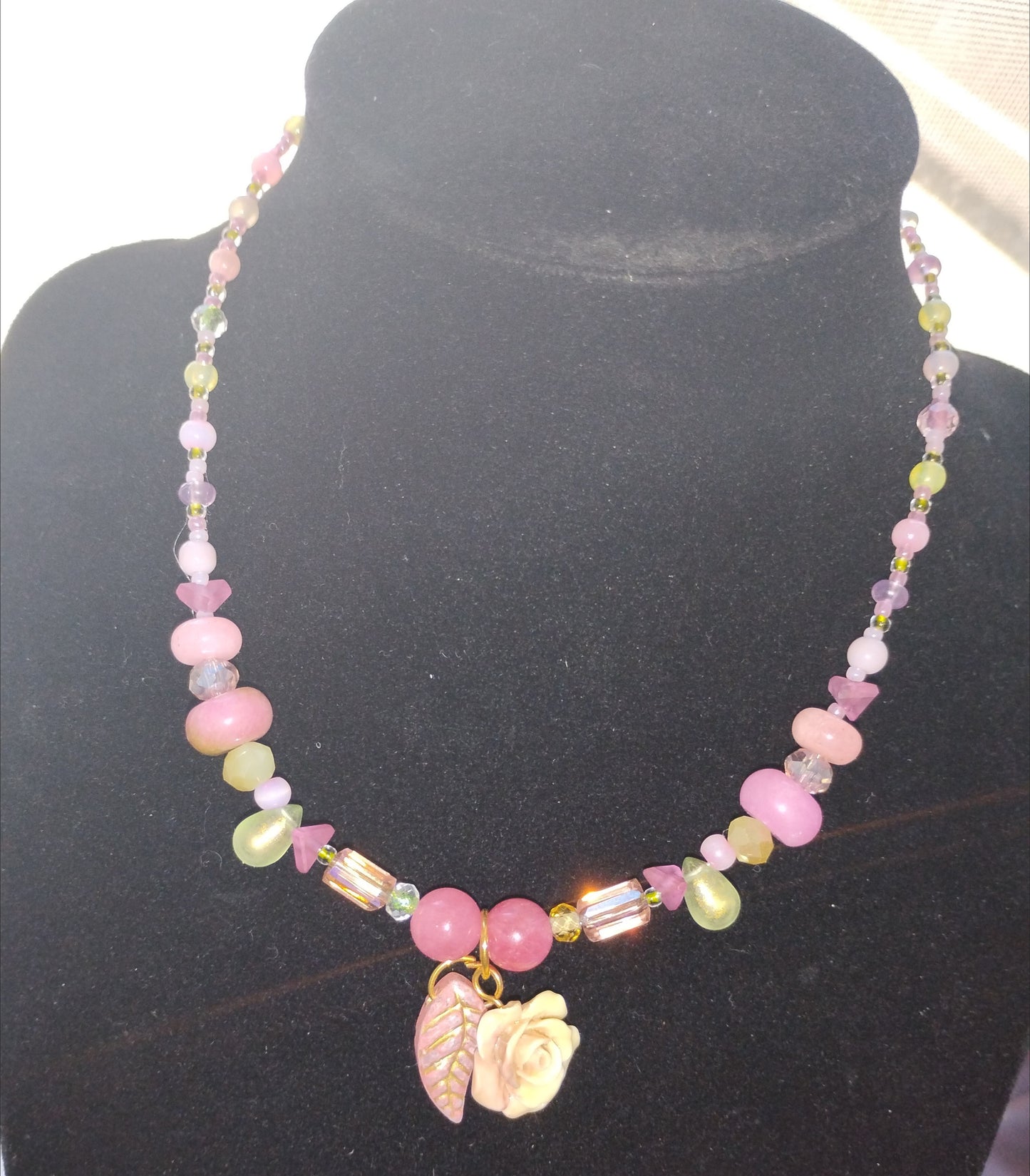 Rose and Leaf Necklace with Pink/Green beads