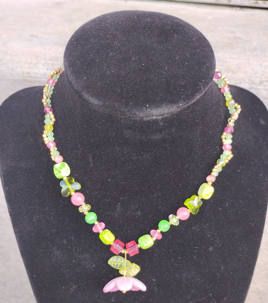 Pink and Green beaded necklace with flower pendant