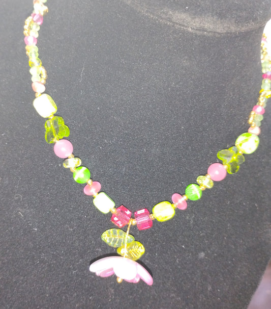 Pink and Green beaded necklace with flower pendant