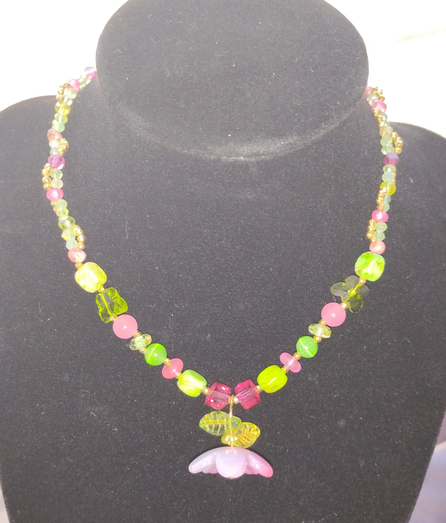Pink and Green beaded necklace with flower pendant