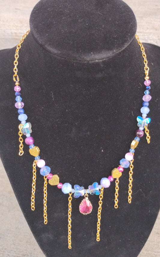 Pink/blue gold heart chain necklace