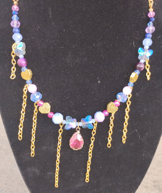 Pink/blue gold heart chain necklace