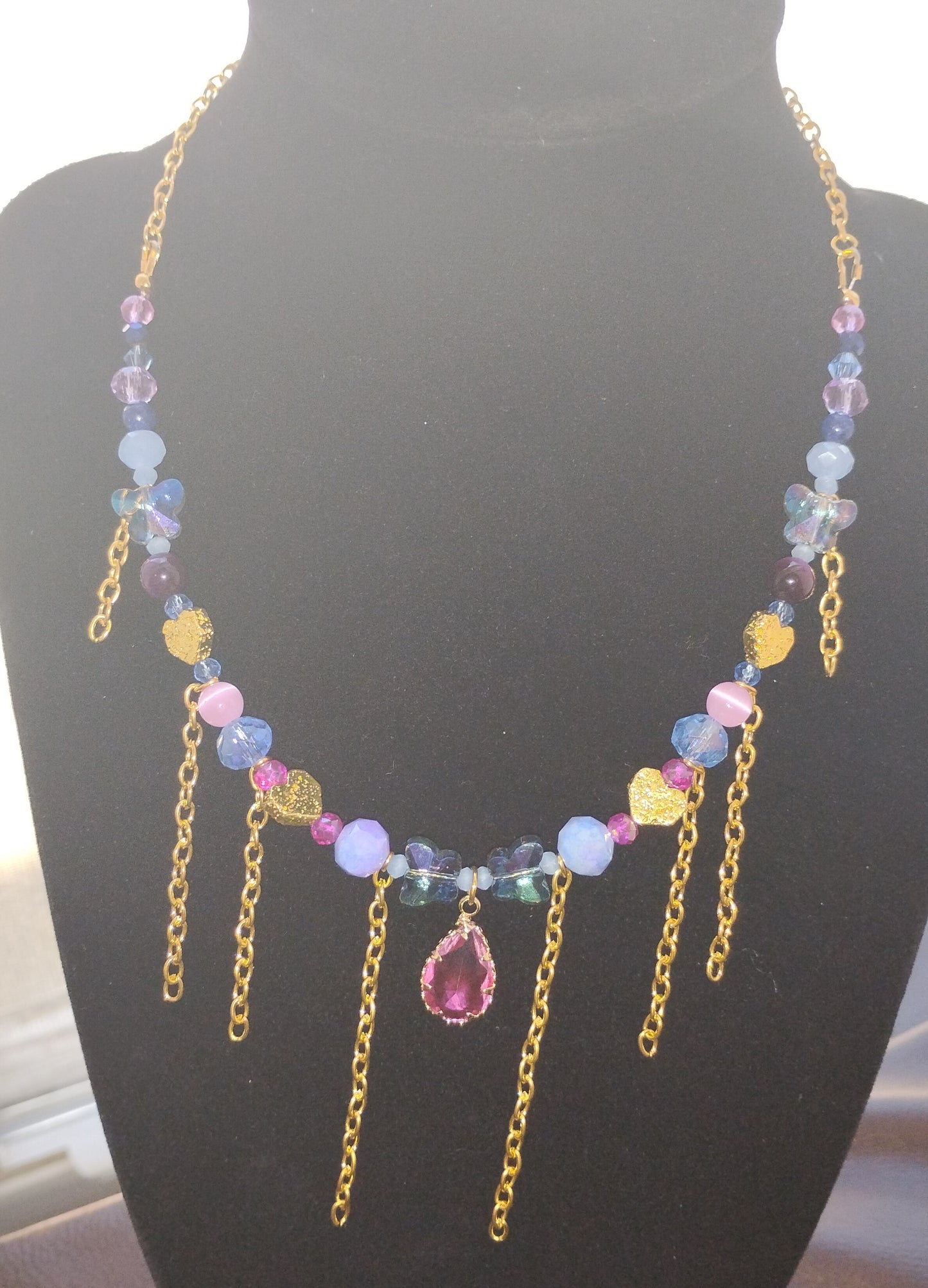 Pink/blue gold heart chain necklace