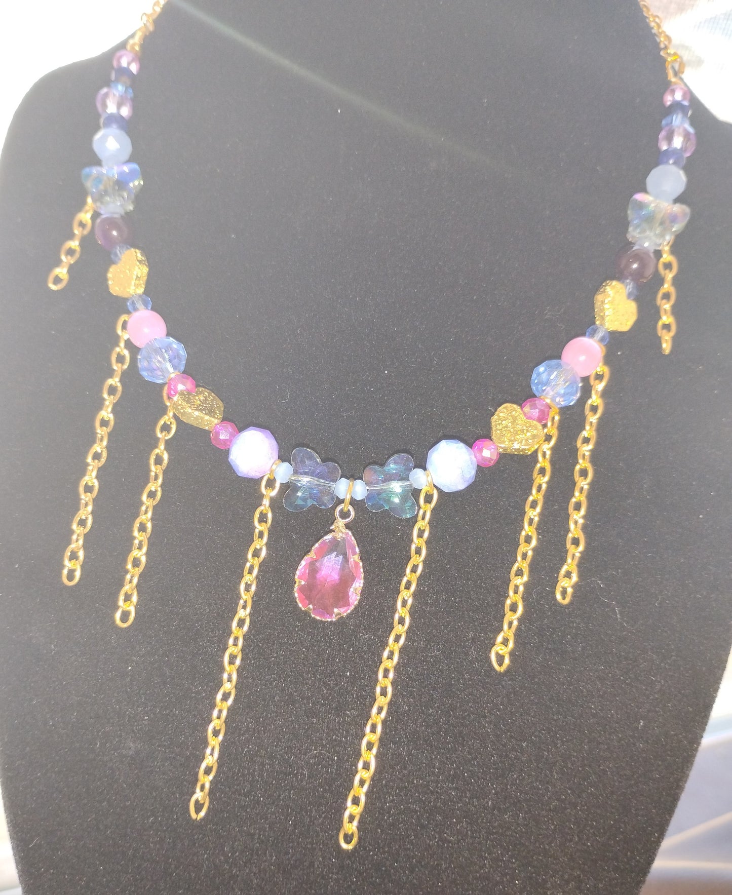 Pink/blue gold heart chain necklace